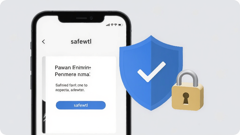 safewtl隐私保护功能示意图,画面中一部手机屏幕显示safewtl的权限管理页面,旁边有一个盾牌图标和锁形图标,背景是柔和的浅灰色,整体风格简洁专业,扁平化插画风格,画质清晰