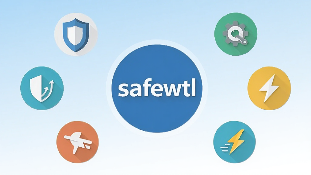 一张展示safewtl软件核心功能的手机应用界面截图,画面中央是safewtl的圆形logo图标,周围环绕着安全盾牌、齿轮设置、闪电加速等小图标,背景是浅蓝到白色的渐变,整体风格干净清爽,扁平化设计,画质清晰无多余元素
