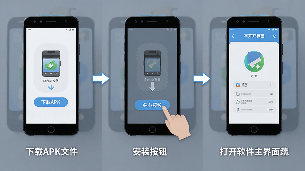 safewtl安装使用步骤示意图,画面分为三个部分从左到右依次展示下载APK文件、点击安装按钮、打开软件主界面的流程,每个步骤下方有简短的文字标注,整体风格为扁平化信息图,配色清新,画质干净