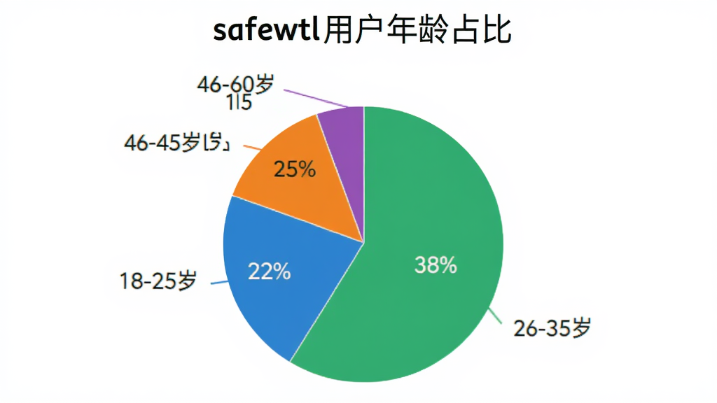 safewtl用户年龄分布饼状图,图表标题为safewtl用户年龄占比,数据为18-25岁占22%,26-35岁占38%,36-45岁占25%,46-60岁占15%,配色采用蓝绿橙紫四种颜色区分,图表风格简洁现代,背景白色,画质清晰