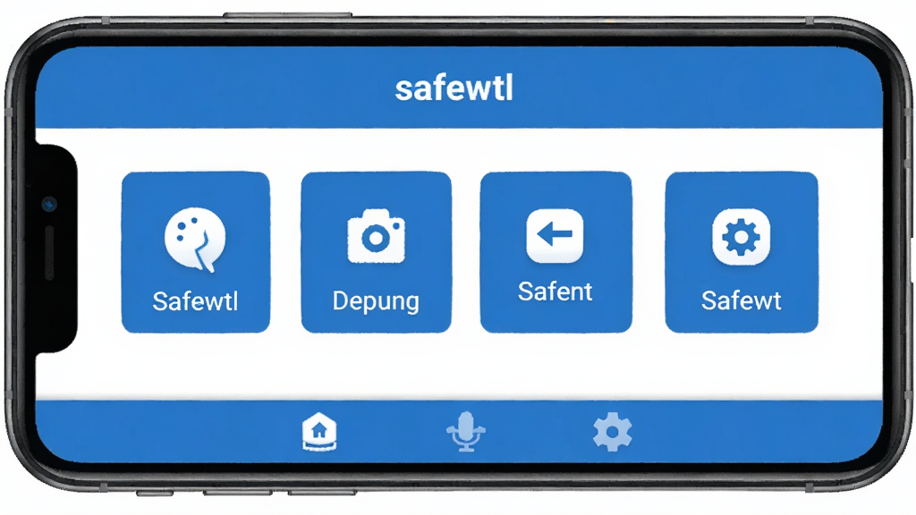 safewtl软件主界面展示图,手机屏幕中央显示safewtl应用的主页,上面有四个大图标按钮分别标注着不同功能,底部有三个标签栏,整体采用蓝白配色,字体清晰易读,界面布局对称工整,扁平化设计风格,画质干净