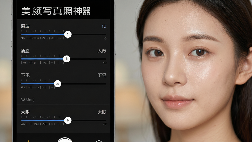 一张展示美颜写真照神器智能自然美颜功能的图片,主体是一位年轻女生的脸部特写,屏幕侧边显示磨皮、瘦脸、下巴、大眼等参数滑块,女生皮肤呈现自然通透的质感,保留细微纹理,背景虚化柔和,布局为左右分栏,左侧是调节面板右侧是预览效果,风格真实自然,细节上滑块带有刻度感,画质高清细腻,无多余元素,图片中文字标注“美颜写真照神器”。