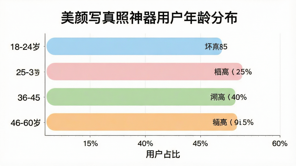 一张展示美颜写真照神器用户年龄分布的柱状图,主体是横向柱状图,纵轴标注年龄段18-24岁、25-35岁、36-45岁、46-60岁,横轴标注用户占比百分比,柱体颜色分别为浅蓝、淡粉、浅绿、浅橙,布局简洁明了,风格现代扁平,细节上柱体带有圆角和数据标签,画质干净清晰,无多余元素,图片中文字标注“美颜写真照神器用户年龄分布”。