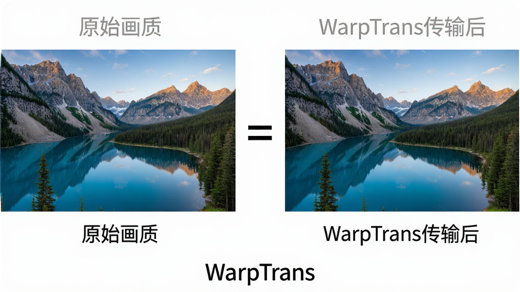 一张展示WarpTrans原画质传输功能的对比图,左边是一张高清的风景照片标注“原始画质”,右边是一张同样清晰的照片标注“WarpTrans传输后”,两张照片完全一致,中间用等号连接,下方有“WarpTrans”标识,风格简洁直观,画质细腻无多余元素