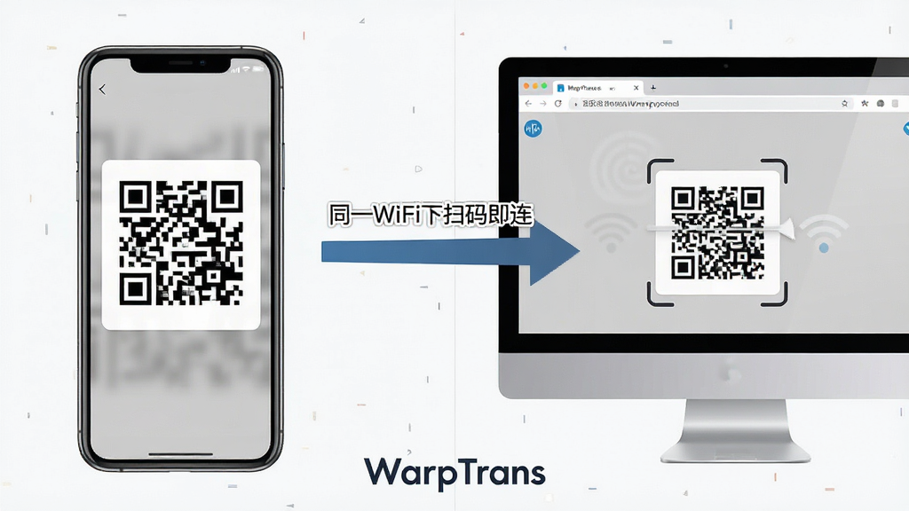 一张WarpTrans使用教程的步骤图,画面分为左右两部分,左边是手机端显示二维码的界面,右边是电脑端浏览器扫描二维码的界面,中间用箭头连接,标注“同一WiFi下扫码即连”,底部有“WarpTrans”标识,风格清晰直观,画质干净无多余元素