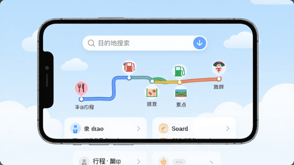 �ֻ���Ļ����չʾ����;�ܼҡ�App�����棬������Ŀ�ĵ��������м���ʾһ����ɫ·�ߴ�������쵽�յ㣬��;��ע�Ų���������վ�������Сͼ�꣬�ײ����г̿�Ƭ�б��������ǵ���ɫ��պͰ��ƣ����岼�ָɾ�����������ִ���ƽ����ϸ��Բ�󣬻��ʸ��壬�޶���Ԫ��