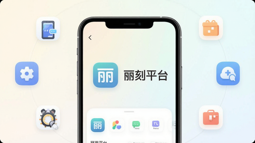 一张手机应用界面展示图,画面中央是“丽刻平台”的App图标和主界面,界面简洁清爽,背景为浅色渐变,图标旁边有“丽刻平台”字样。布局上手机放在画面正中,周围环绕几个功能小图标代表工具集合。风格为现代扁平化,细节圆润,画质干净清晰,无多余元素。
