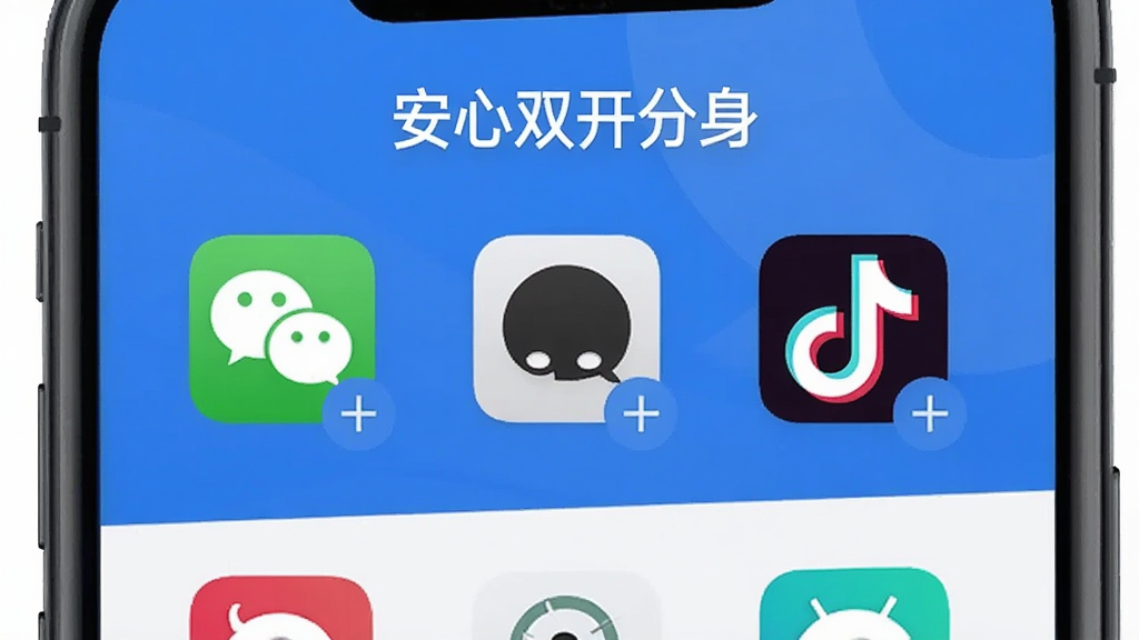手机屏幕中央显示“安心双开分身”应用主界面,界面以蓝白配色为主,顶部有“安心双开分身”文字标识,中间排列着微信、QQ、抖音等常用应用图标,每个图标右下角有一个加号按钮,界面风格简洁现代,扁平化设计,画质干净清晰,无多余元素