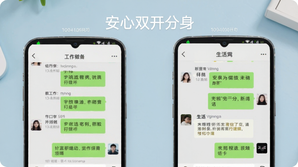 一部手机屏幕中同时显示两个微信应用界面并排运行,左侧为工作聊天窗口,右侧为生活聊天窗口,屏幕上方有“安心双开分身”字样,背景为简洁的浅蓝色桌面,整体风格清爽干净,画质清晰,布局对称