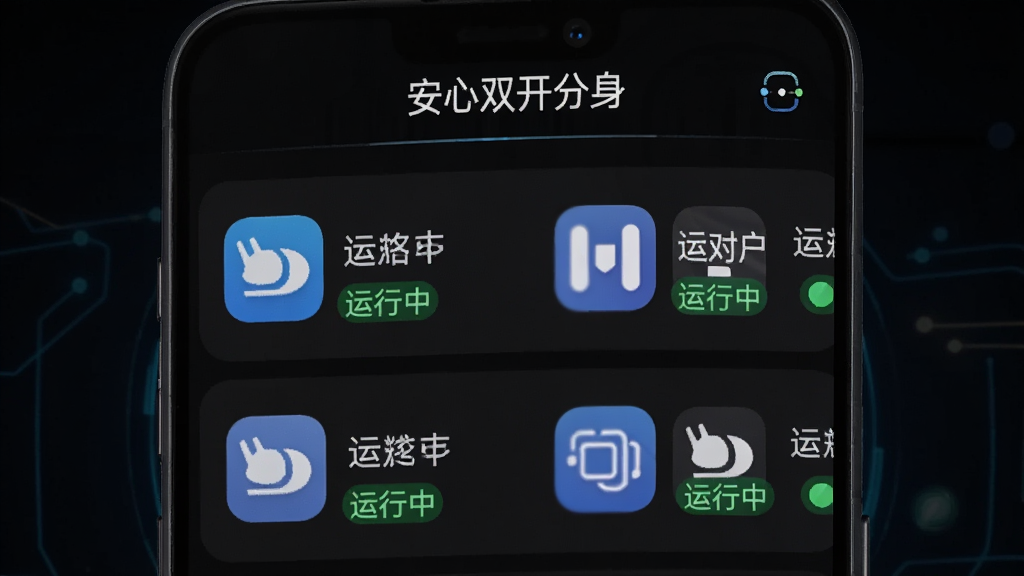 手机屏幕上显示“安心双开分身”后台管理界面,界面中列出多个正在运行的分身应用图标,每个图标旁边有绿色的“运行中”状态标识,顶部有“安心双开分身”标题栏,背景为深色模式,界面风格科技感强,布局清晰,画质干净