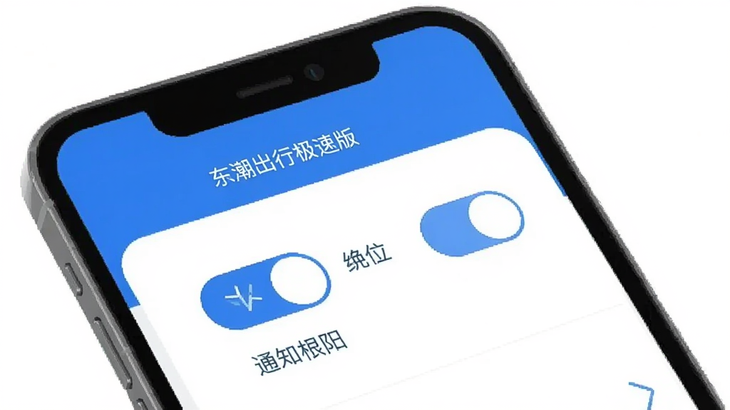 东潮出行极速版新手设置界面示意图,手机屏幕显示权限设置页面,有定位和通知权限的开关图标,旁边有简洁的文字标注,风格扁平化,蓝白配色,画质干净无多余元素。