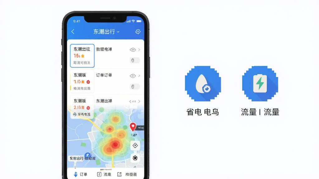 东潮出行极速版软件界面截图风格展示,画面中手机屏幕显示订单列表和地图热力图,旁边有简洁的图标示意省电和流量优化,整体风格扁平化,蓝白配色,画质干净无多余元素。