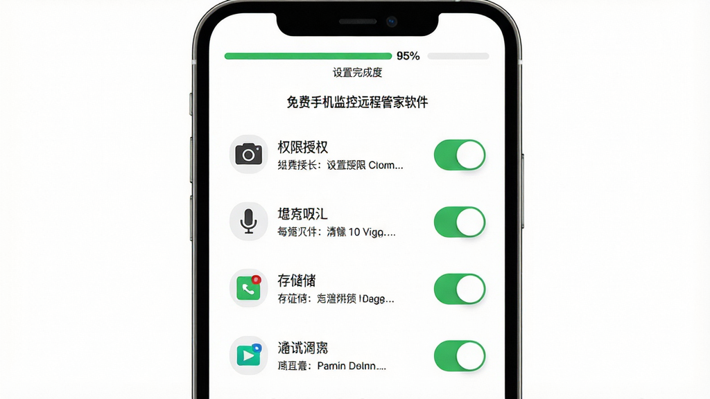 免费手机监控远程管家软件上手设置界面,手机屏幕显示权限授权页面,包含摄像头、麦克风、存储、通知等权限开关,每个权限旁边有图标和说明文字,背景为白色,顶部有进度条显示设置完成度,布局纵向排列,风格简洁明了,细节清晰,画质干净无多余元素
