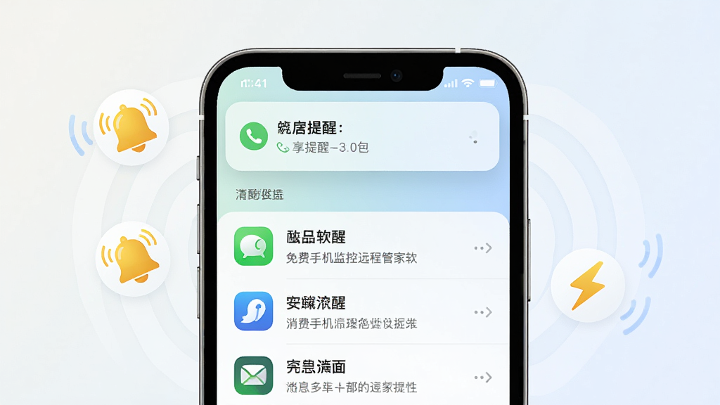 免费手机监控远程管家软件消息提醒推送功能,手机屏幕上方弹出通知横幅显示来电提醒和短信提醒,下方是消息列表界面,有不同应用图标和对应通知内容,背景为浅色渐变,手机周围有铃铛图标和闪电图标表示实时推送,布局上下结构,风格现代,细节清晰,画质干净无多余元素