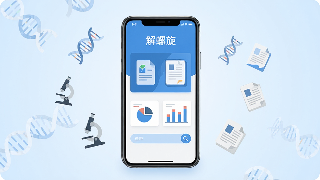 一个简洁明亮的医学科研主题场景,画面中央放置一部智能手机,手机屏幕上显示“解螺旋”应用的界面,界面以蓝白色调为主,包含文献图标、数据图表和搜索框元素,手机周围环绕着漂浮的DNA双螺旋结构、显微镜和论文文档的小图标,背景是干净的浅蓝色渐变,整体风格现代扁平化,排版居中对称,画质干净清晰,无多余元素