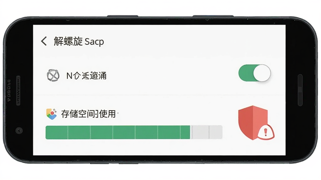 一部安卓手机屏幕显示“解螺旋”应用的设置页面,页面中有通知权限开关和存储空间使用条,旁边有一个红色盾牌图标表示安全提示,背景干净,风格扁平化,画质清晰,无多余元素