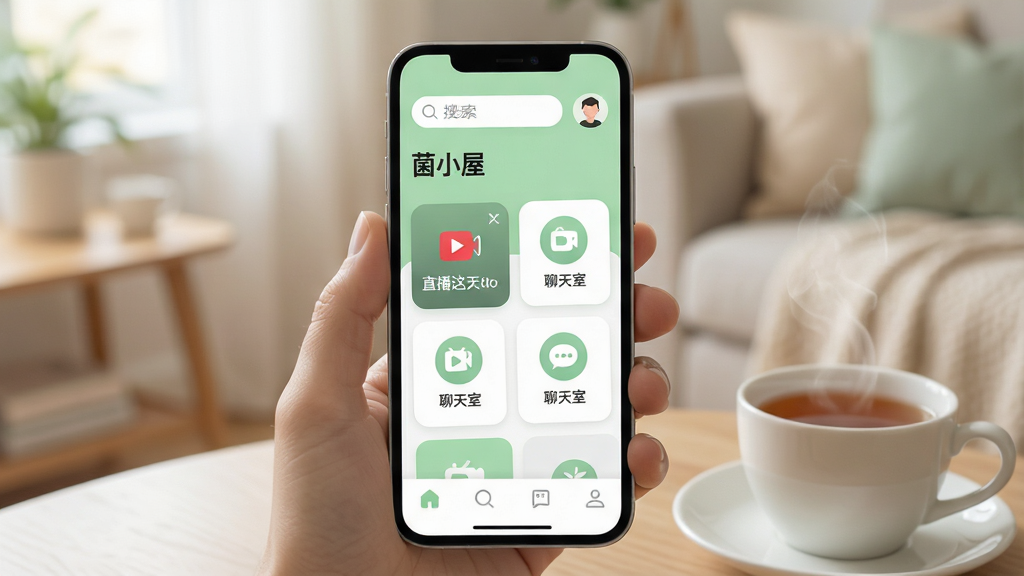 һ��չʾ�ֻ���Ļ��ͼƬ����Ļ����ʾ��һ����Ϊ��С�ݵ�APP�����棬������Ƽ�����£���ǳ��ɫ�Ͱ�ɫΪ��ɫ�������������������û�ͷ���м��ǿ�Ƭʽ�������Ƽ���������ֱ����ں�������ͼ�꣬�ײ��е��������������ִ���ƽ��ϸ��Բ�󣬻��ʸɾ��������޶���Ԫ�أ�����Ϊ��͵ļҾӻ������ֻ��Ա߷���һ��ð�����Ĳ裬��Χ������⡣