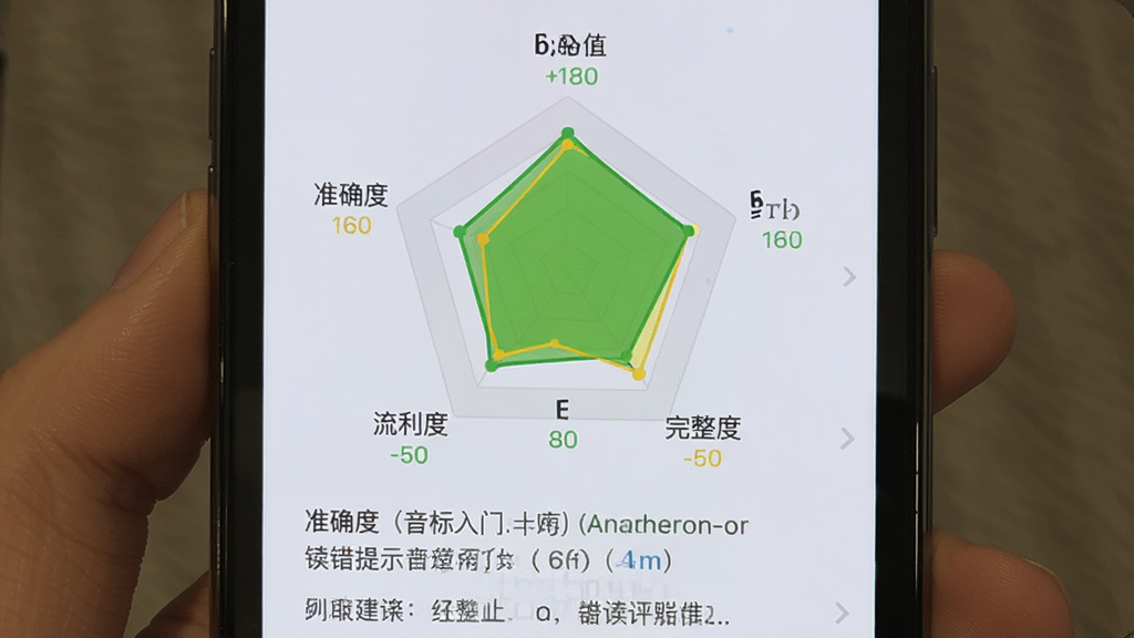 英语音标入门 发音评测结果页面 手机屏幕显示 一个音标练习的得分雷达图 准确度 流利度 完整度三个维度 分数用绿色和黄色标注 下方有具体的错误音素提示和纠正建议 界面设计清爽 数据可视化直观 风格现代 画质干净 无多余元素