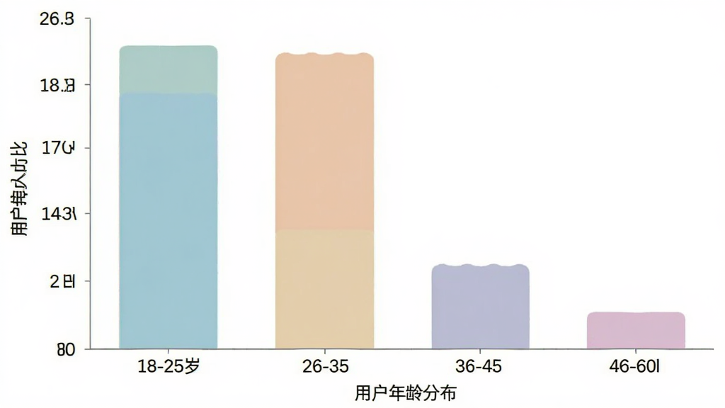 英语音标入门 用户年龄分布柱状图 横轴为年龄段 18-25岁 26-35岁 36-45岁 46-60岁 纵轴为用户占比 柱状图显示26-35岁占比最高 其次为18-25岁 数据清晰 配色柔和 风格简洁 画质干净 无多余元素