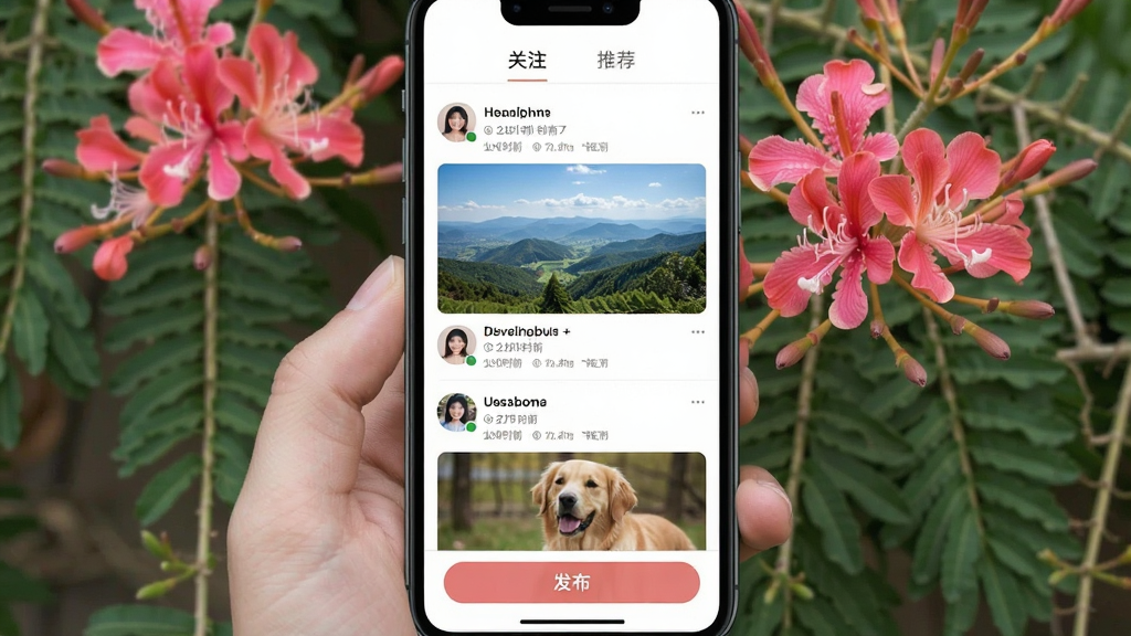һ��չʾ���黨��App��̬�㳡ҳ���ͼƬ���������ֻ���Ļ�ϳ����ٲ������ֵ��û���̬��ÿ����̬�����û�ͷ���ǳơ�����ʱ�䡢������������ͼ��ͼƬ����Ϊ�ճ����������ʳ���羰��������涥���С���ע���͡��Ƽ���������ǩҳ���ײ��з�����ť���������������ã����������ɾ����޶���Ԫ��
