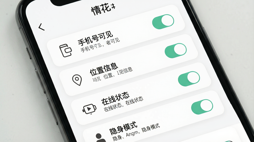 һ��չʾ���黨��App��˽����ҳ���ͼƬ���������ֻ���Ļ����ʾ�������ѡ��������ֻ��ſɼ�����λ����Ϣ��������״̬��������ģʽ���ȣ�ÿ��ѡ���Ա��м�̵�˵�����֣�����������ÿ�Ƭʽ��ƣ�����Ϊ����ɫ��ͼ��Ϊ��Լ���Է�񣬻��������ɾ����޶���Ԫ��