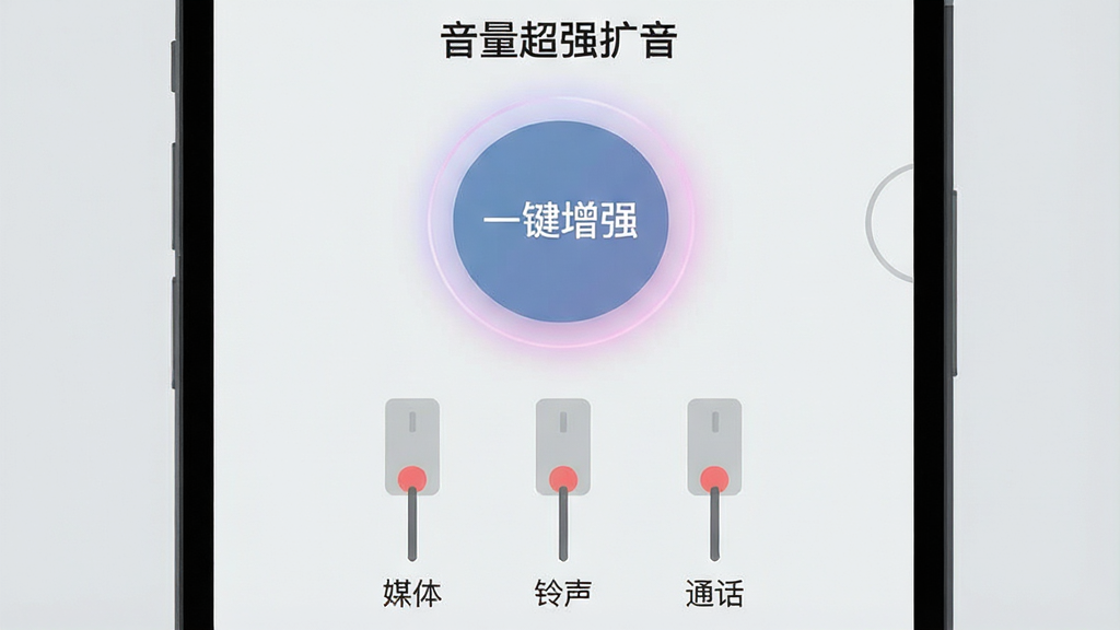 一张手机屏幕截图风格的插画,画面中是一个简洁的App操作界面,中间有一个醒目的圆形按钮,按钮上写着“一键增强”,按钮下方有三个音量条分别标注“媒体”“铃声”“通话”,音量条都处于较高位置,整体布局采用上下结构,风格为现代扁平化设计,细节上按钮带有微弱的脉冲光效,背景为浅灰色,画质干净清晰,无多余元素,图片中标注文字“音量超强扩音”