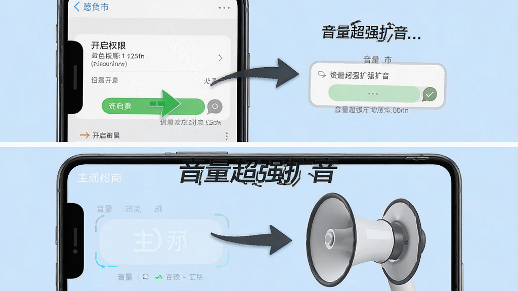 一张手机操作步骤示意图,画面分为上下两部分,上半部分显示手机设置界面中开启权限的步骤,下半部分显示音量超强扩音的主界面,整体布局为纵向排列,风格为教程图解风,细节上用箭头标注操作顺序,背景为浅蓝色,画质清晰干净,无多余元素,图片中标注文字“音量超强扩音”