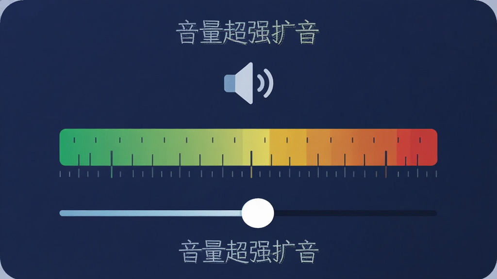 一张手机界面设计的插画,画面中心是一个横向的音量监测条,监测条从左到右颜色由绿色渐变为黄色再到红色,监测条上方有一个小喇叭图标,下方有一个滑块,整体布局简洁,风格为科技感扁平化,细节上监测条带有刻度线,背景为深蓝色,画质清晰干净,无多余元素,图片中标注文字“音量超强扩音”