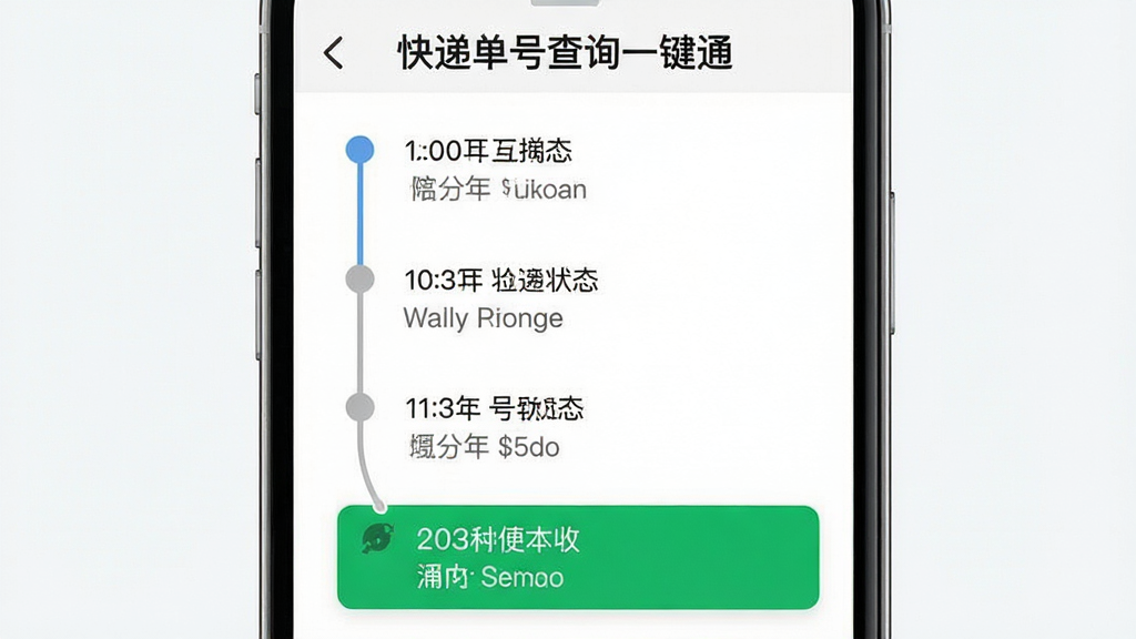 快递单号查询一键通,手机界面展示物流详情页,主体为时间轴形式的物流轨迹记录,布局为从上到下按时间倒序排列,排版清晰每条记录有时间点和状态描述,风格简约扁平,细节上签收状态用绿色高亮显示,画质干净无多余元素,文字显示“快递单号查询一键通”