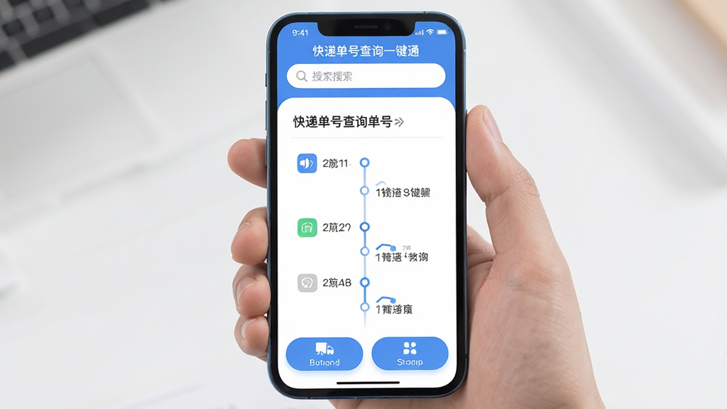 快递单号查询一键通,手机屏幕显示快递查询界面,输入单号后展示物流轨迹,主体为手机应用界面,布局为顶部搜索框中间物流时间轴底部功能按钮,排版简洁清晰,风格现代扁平化,细节圆润图标清晰,画质干净无多余元素,文字显示“快递单号查询一键通”