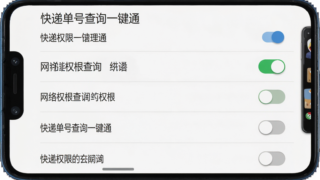 快递单号查询一键通,手机屏幕显示安装权限设置界面,主体为安卓系统权限管理页面,布局为权限列表每项有开关按钮,排版规整,风格系统原生扁平,细节上网络权限开关为打开状态其他为关闭,画质干净无多余元素,文字显示“快递单号查询一键通”
