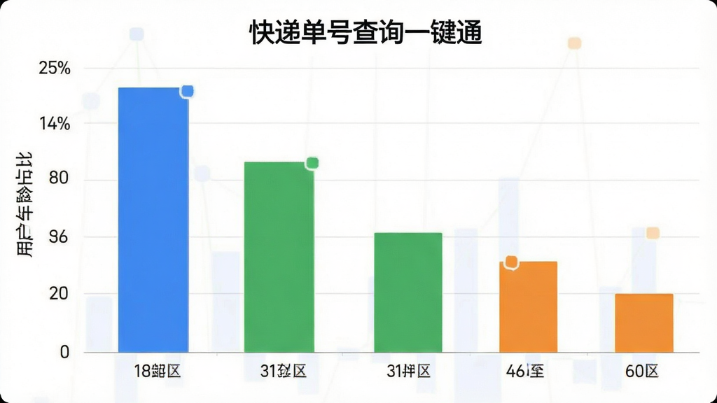 快递单号查询一键通用户年龄分布柱状图,主体为柱状图展示不同年龄段用户占比,布局为横轴年龄区间纵轴百分比,排版清晰,风格商务简约,细节上18到30岁占比最高用蓝色柱子,31到45岁用绿色,46到60岁用橙色,画质干净无多余元素,文字显示“快递单号查询一键通”