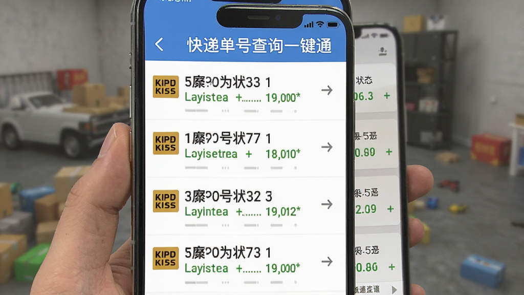 快递单号查询一键通,手机界面展示批量查询功能,主体为三到四个快递单号同时显示物流状态,布局为列表式排列每行一个快递信息,排版整齐有序,风格清爽扁平,细节上每个单号旁边有快递公司小图标,画质干净无多余元素,文字显示“快递单号查询一键通”