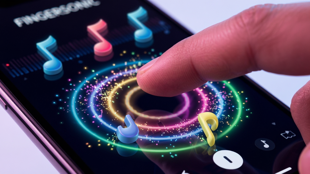 һ��չʾFingersonicָ�ⴥ���淨����дͼƬ������������һ����ָ���ڴ����ֻ���Ļ��ָ���·���һȦ��ɫ�Ĳ�����ɢ��������Ļ������ʾ��Fingersonic�Ľ�������������������ֲ���΢����д�ӽǣ���ָλ�ڻ������ġ����Ϊ�����������޺��Ч���ϸ���ϲ��ƴ���ϸ��Ĺ�㣬������������С����������������޶���Ԫ�ء�