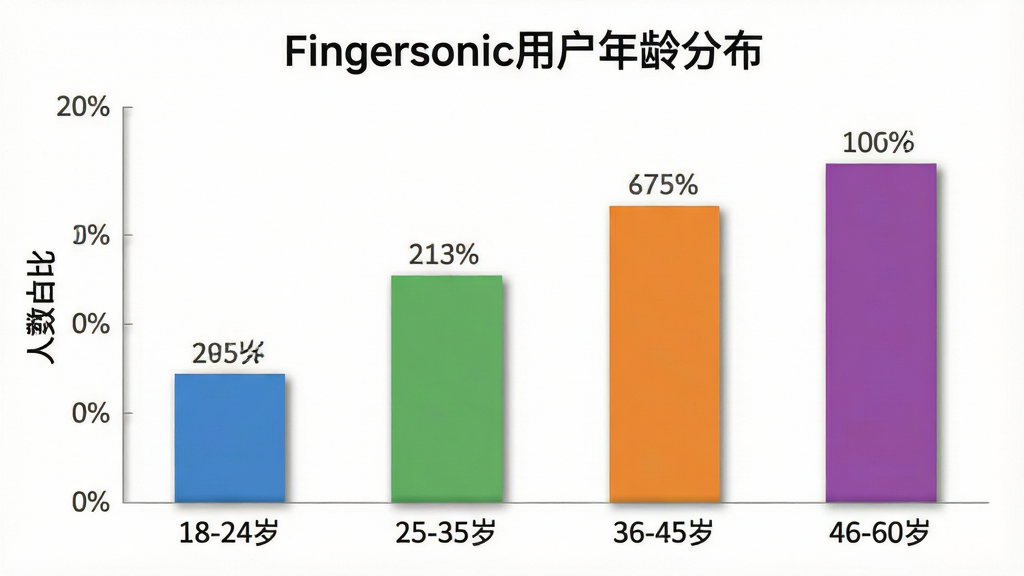һ��չʾFingersonic�û�����ֲ�����״ͼ������������һ����״ͼ�������ע����Ρ�18-24�ꡱ����25-35�ꡱ����36-45�ꡱ����46-60�ꡱ�������ע����ռ�ȡ���״ͼ��ɫ�ֱ�Ϊ��ɫ����ɫ����ɫ����ɫ�����־��У�ͼ���Ϸ��б��⡰Fingersonic�û�����ֲ��������Ϊ��ƽ�����ݿ��ӻ����ϸ������������΢����ӰЧ�������ݱ�ǩ�����ɼ������ʸɾ����޶���Ԫ�ء�