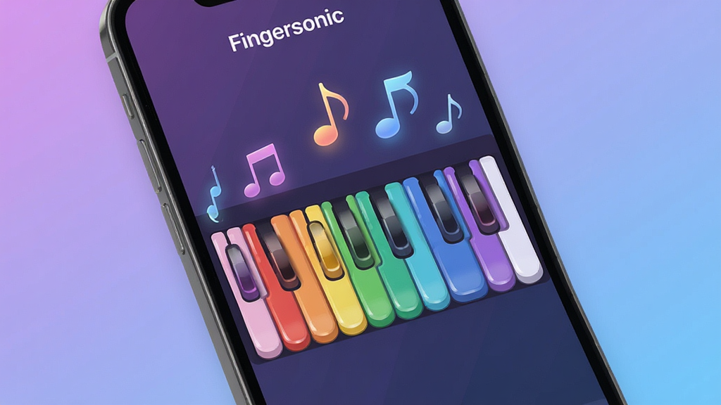 һ��չʾFingersonicӦ���������ͼƬ������������һ�������ֻ�����Ļ����ʾ��Fingersonic���������棬����������һ��ɫ�����޵��������ּ��̣��Ϸ�������Ʈ�������ֲ��þ��й�ͼ���ֻ���΢��б����������͵Ľ�����ɫ����ɫ�����Ϊ�ִ���ƽ����ƣ�ϸ���ϼ��̰���Բ���й�������������΢����Ч�������������ɾ����޶���Ԫ�ء�
