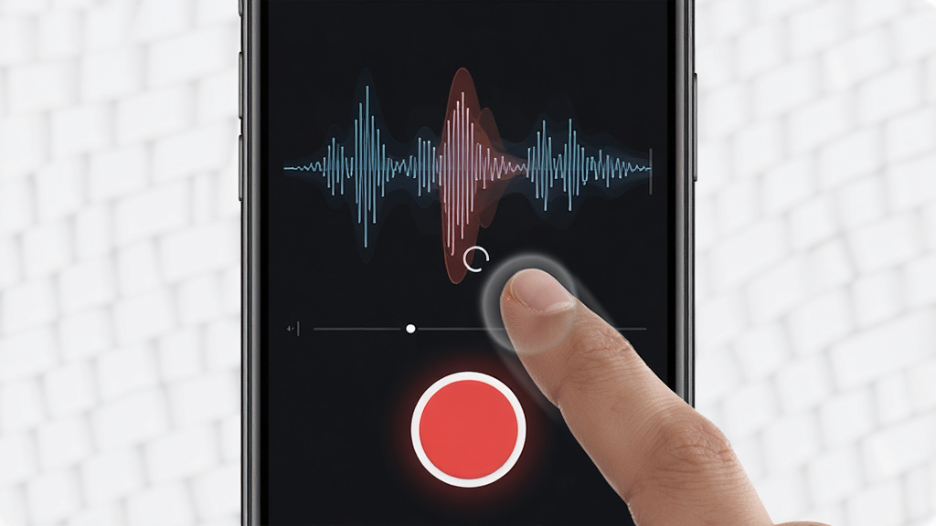 һ��չʾFingersonic¼����طŹ��ܵ�ʾ��ͼ������������һ���ֻ���Ļ����Ļ������Fingersonic��¼�����棬һ����Ŀ�ĺ�ɫԲ��¼����ťλ���·����Ϸ��ǲ���ͼ������ָ��������������ֲ��ü������½ṹ�����Ϊ�ִ��Ƽ��У�ϸ���ϲ���ͼ������������ť��΢���ĺ�����Ч�����ʸɾ��������޶���Ԫ�ء�