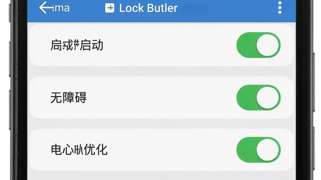 һ��չʾLock Butler���ֻ�������Ȩ�����õĲ���ͼ������Ϊ�ֻ���Ļ��ͼ�����ʾӦ�ù��������������������ϰ�������Ż�����Ȩ�޿��ر����δ򿪣�����Ϊ���������У����Ϊ��ƽ��UI��ƣ�ϸ���Ͽ�������ɫ����״̬�����������ɾ����޶���Ԫ��