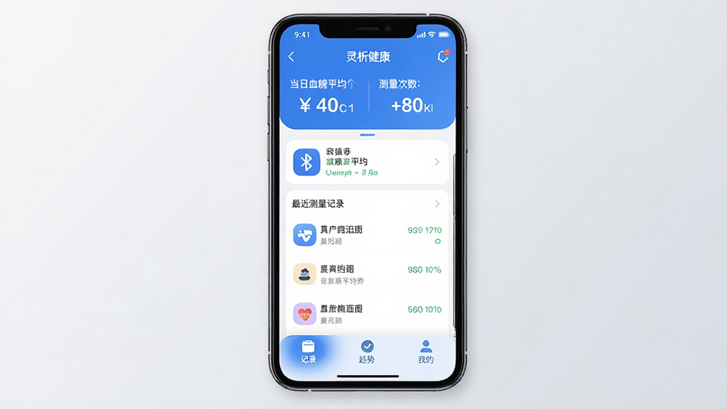 ��������App������ȫòչʾ������������һ�������ֻ�����Ļ��ʾ��������Ӧ����ҳ��������ʾ����Ѫ��ƽ��ֵ�Ͳ����������м�����������״̬�����������¼�б����ײ�Ϊ��¼�����ơ��ҵ�����ѡ����������������ɫ��������ִ���ͼ��Բ����������������Ϊ�ɾ���ǳ��ɫ���䣬���ʸ��壬�޶���Ԫ��