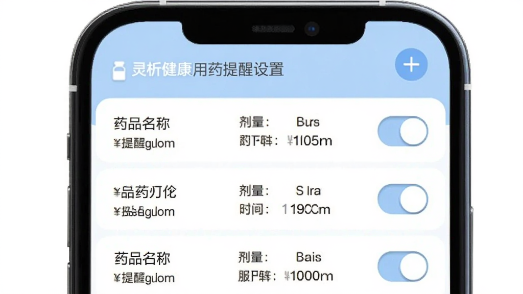 ����������ҩ�������ý��棬�ֻ���Ļչʾ�����б���ÿ��������ʾҩƷ���ơ�����������ʱ�䣬�Ҳ��п��ذ�ť���������������ѵļӺ�ͼ�꣬������ɫ��ͣ���ǳ��ɫ�Ͱ�ɫΪ����ͼ����Ƽ�࣬��������ˬ�׶��������������޶���װ��Ԫ��