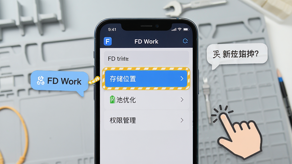 һ��չʾ��FD Work����������������AI����ͼƬ�������������ֻ���Ļ����Ļ����ʾ��FD Work�����ý��棬������ע���洢λ�á�������Ż�����Ȩ�޹���������ѡ���Ļ�Ա�����ָ�����ͼ�����ʾ���ݣ�������ǳ��ɫ����̨�����ֱ�����������ʸɾ��޶���Ԫ��