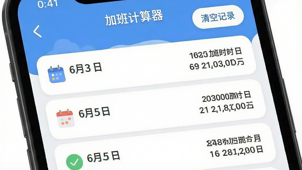 һ���ֻ�Ӧ�ý����ͼ����ͼƬ������չʾ���Ӱ������������ʷ��¼ҳ�棬�б���ʽ�����ż�����¼��ÿ���������ڡ�6��3�ա���6��5�ա��Ͷ�Ӧ�ļӰ�ʱ����������С���ռ�¼����С��ť�����岼�����������ֱ�ǩ��ȷ������ִ���ƽ��ϸ��Բ�󣬻��ʸɾ��޶���Ԫ��