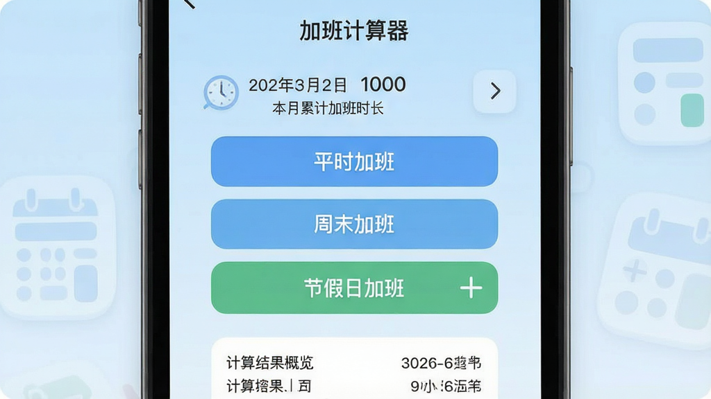 һ�ż����ֻ���Ļչʾͼ�����������ǡ��Ӱ��������App�������棬��������͵�ǳ��ɫ���䣬���涥����ʾ���ںͱ����ۼƼӰ�ʱ�����м��Ǽ�����ť�ֱ�д�š�ƽʱ�Ӱࡱ����ĩ�Ӱࡱ���ڼ��ռӰࡱ���ײ��Ǽ��������������������ִ���ƽ��ͼ��Բ���������������ʸɾ��޶���Ԫ��