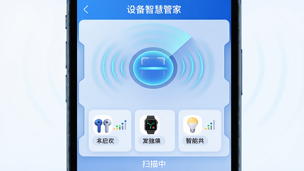 �豸�ǻ۹ܼ�һ��ɨ�蹦�ܽ���չʾ���ֻ���Ļ���棬����������һ��Բ��ɨ�谴ť����ť��Χ���״ﲨ����ɢ����Ч����ɨ�谴ť�·������������ѷ��ֵ��豸ͼ�꣬�������������������ֱ������ܵ��ݣ�ÿ��ͼ���Ա���ʾ�豸���ƺ��ź�ǿ�ȣ����涥�����豸�ǻ۹ܼҵ����ֱ�ʶ���ײ���ɨ������ʾ���֣�������Ƽ���ʮ�㣬����ɫ���������ɾ�������������