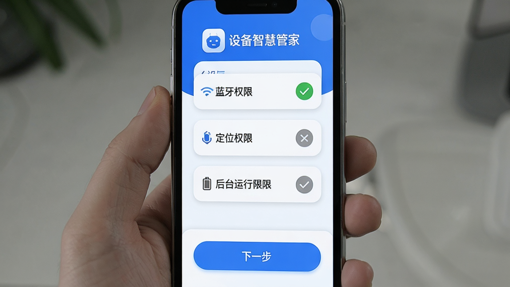 �豸�ǻ۹ܼ����������������棬�ֻ���Ļ���棬�����Բ����б���ʽչʾȨ���������̣���������Ȩ�ޡ���λȨ�ޡ���̨����Ȩ�����ÿ���Ա�����ɫ�Թ����ɫδ����ͼ�꣬�ײ�����һ����ť�����涥�����豸�ǻ۹ܼҵ�ͼ������֣�������������������ɫ����Բ�ǿ�Ƭ��ƣ����ʸɾ��޶���Ԫ�ء�