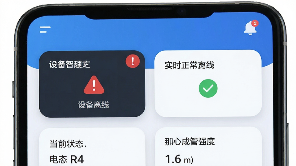 �豸�ǻ۹ܼ�ʵʱ��ع���չʾ���ֻ���Ļ���棬�����Կ�Ƭ��ʽչʾ����豸״̬��ÿ�ſ�Ƭ��ʾ�豸���ơ���ǰ״̬���������ź�ǿ�ȣ�����һ�ſ�Ƭ�к�ɫ��̾�������豸���ߣ���һ�ſ�Ƭ����ɫ�Թ���ʾ�������ߣ��������Ͻ���֪ͨ����ͼ�꣬���岼����������ƬԲ����ƣ�����ɫ����������ִ������ʸɾ��޶���Ԫ�ء�