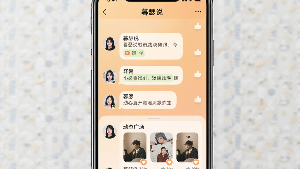 һ���ֻ���Ļչʾ�罻������棬���������ǡ�ĺɪ˵��App�������б��Ͷ�̬�㳡����������ů��ǳ��ɫ���䣬����Ԫ�ذ���Բ����������ݡ��û�ͷ��͵���ͼ�꣬�������Լ�ִ���ϸ�ڸɾ������������޶���Ԫ��