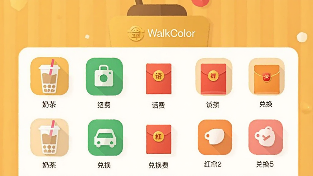 WalkColor��Ҷһ�ҳ��չʾ���ֻ���Ļ��ʾ������Ͷһ�ѡ���б������̲衢���ѡ������ͼ�꣬���������ˣ�������ůɫ��������ƽ����ƣ����ʸɾ��޶���Ԫ��
