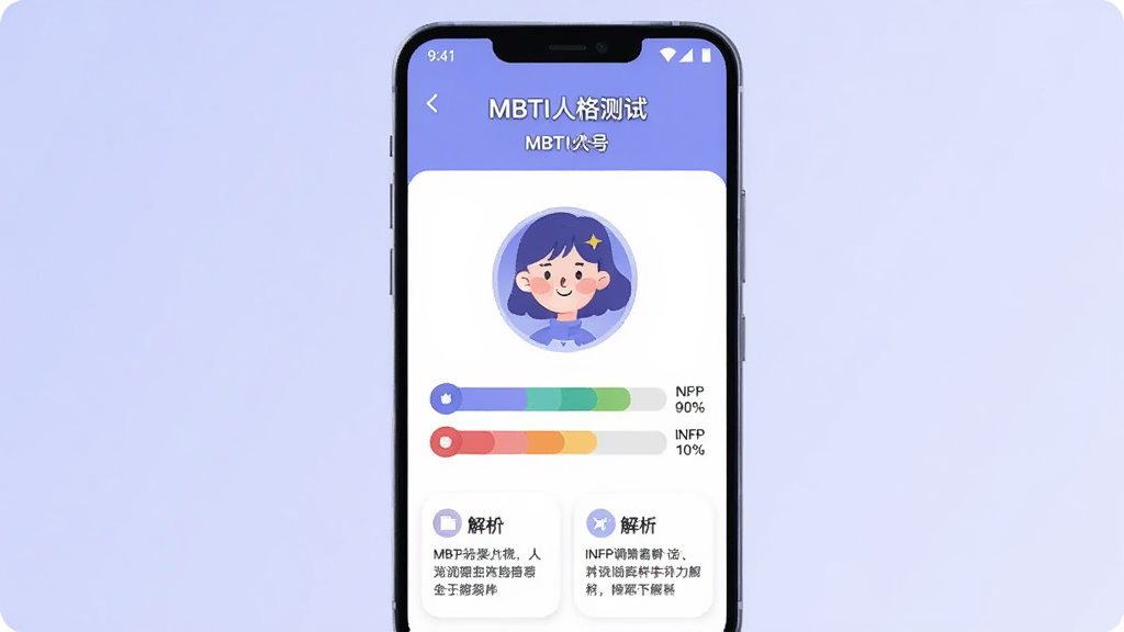 MBTI���� Ӧ�ý���չʾ������Ϊһ��������׿�ֻ�����Ļ����ʾMBTI�˸���Խ��ҳ�棬�����ĸ�ά�ȵİٷֱ�����ͼ��INFP��ͣ���˸�Ĳ廭ͷ�񣬲����������Ϸ����˸��������ƺͱ�ţ��м��ǲ�ɫ���������·��Ǽ�̽�����Ƭ������ִ���ƽ������ɫ����͵�����ɫ�Ͱ�ɫΪ����ϸ��Բ�󣬻��ʸɾ����޶���Ԫ��