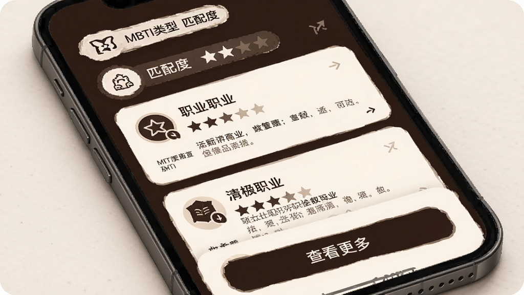 MBTI���� ְҵ������棬����Ϊ�ֻ���Ļ��ʾְҵ�Ƽ��б��������Ϸ����˸����ͺ�ƥ��ȱ�ǩ���м���ְҵ��Ƭ�б���ÿ�ſ�Ƭ��ְҵ���ơ�ƥ���Ǽ��ͼ��˵�����·��ǲ鿴���ఴť�����Ƭʽ��ƣ���ɫΪ�װ�ɫ������ɫ��ϸ��ͼ�꾫�£����ʸɾ����޶���Ԫ��